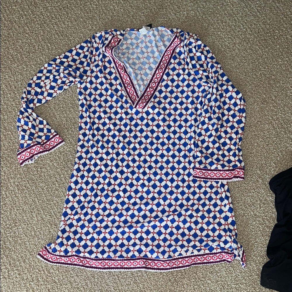 La Blanca Blue & White Geometric Print cover up coverup Pink Trim medium swim